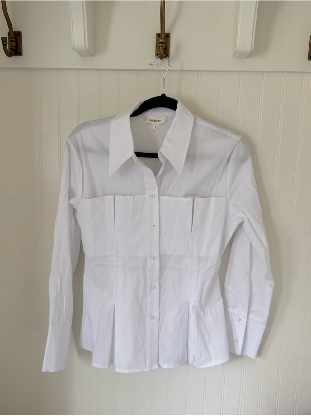 NWT Bohme Cotton White Button-Front Pleated Collared Shirt Size S
